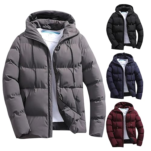 Puffer Jacket Mens Winter Zip Up Hooded Coat Plain Warm Waterproof Padded Jackets Comfortable Loose Fit Casual Coat