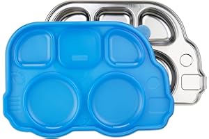 Innobaby Stainless Bus Plate with Airtight Sectional Lid, The Original, Leak-Resistant Divided Platter, Mom Invented Fun Shape Plate Din Din Smart for Babies, Toddlers and Kids, BPA Free Plate, Blue