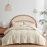 Bildenly Boho Tufted Comforter Queen Size Beige Geometric Tufted Comforter Set Bohemian Arch Tufted Bed Set 3 Pieces Shabby Chic Embroidery Soft Jacquard Bedding for All Seasons with 2 Pillowshams