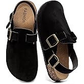 Men's Suede Clogs with Back Strap Adjustable Cork Footbed Leather Mules Clogs for Women Comfort Memory Foam Slingback Clog Sandal with Buckle Slip on Potato Shoes (US Size 11 Women/10 Men)