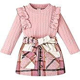 DOMOABEI Toddler Girl Fall Winter Clothes Cute Ruffled knitted Shirt Tops Plaid Pleated Mini Skirt Belt 3 Piece Outfit 2-6T