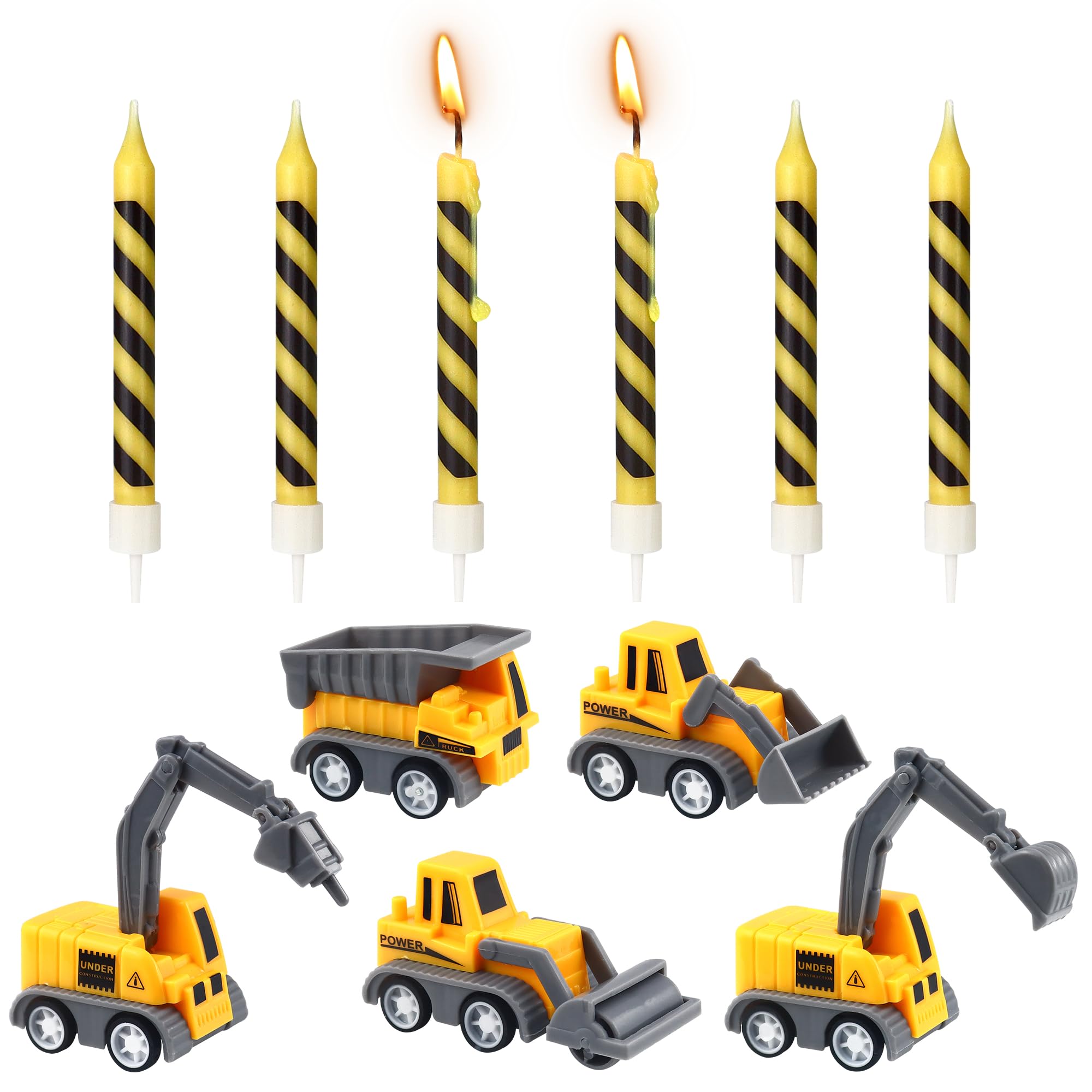 Construction Birthday Candles, Construction Vehicles Cake Toppers Set with Birthday Black Stripes Candle Cake Topper for Birthday Anniversary Party Cake Decorations