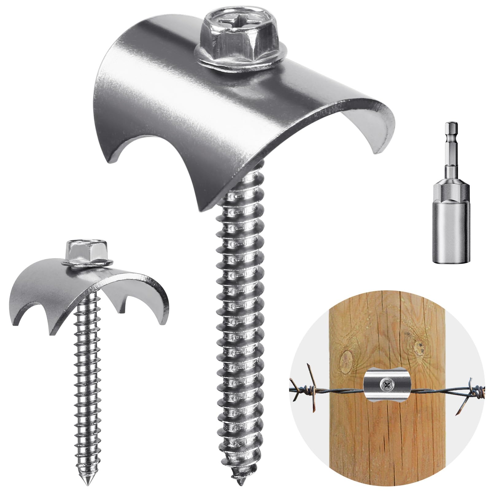 Insaga 50pcs Wire Fence Staples, 304 Stainless Steel Fence Fastener Nails 40mm M5.5 Reusable Fixing Wood Screws for Mesh and Woven Fencing with Wire Fixer Hold Flexibly / M8 Screwdriver Adapter