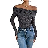Women’s Off Shoulder Lace Ruched Tops Long Sleeve Slim Fit Blouses Shirts 2026 Going Out T-Shirt