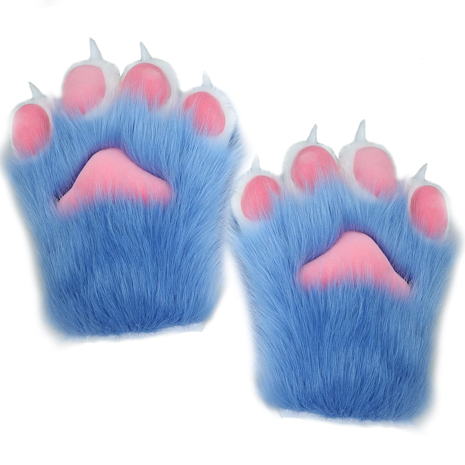 Fxaelian Cute Fluffy Cosplay Animal Cat Wolf Dog Fox Bear Bunny Paws Claws Gloves Mittens Halloween Christmas Cosplay Party Costume Accessories C Blue with Black Pads