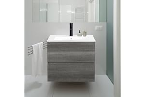 KSWIN 24" Wall Mounted Bathroom Vanity with Sink Grey Floating Vanity Two Drawers Bathroom Cabinet with White Ceramic Integrated Sink