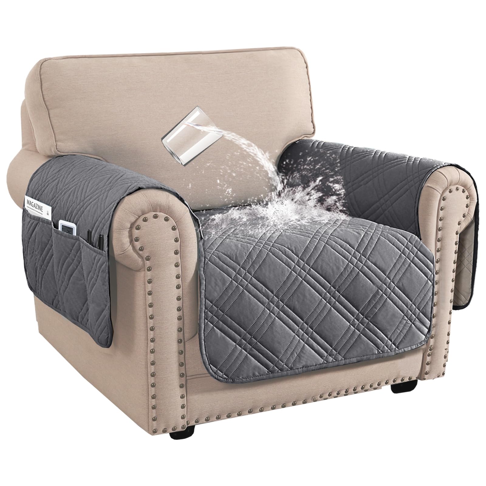 BellaHills Waterproof Sofa Cover 1 Seater Living Room Armchair Covers Sofa Slipcovers Chair Seat Covers with Side Pocket for 1 Seater Sofa Washable Couch Cover for Dogs (1 Seater, Grey)