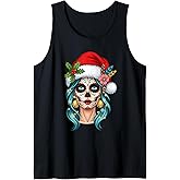 Christmas Sugar Skull Art Woman Santa Hat Festive for Girls Tank Top