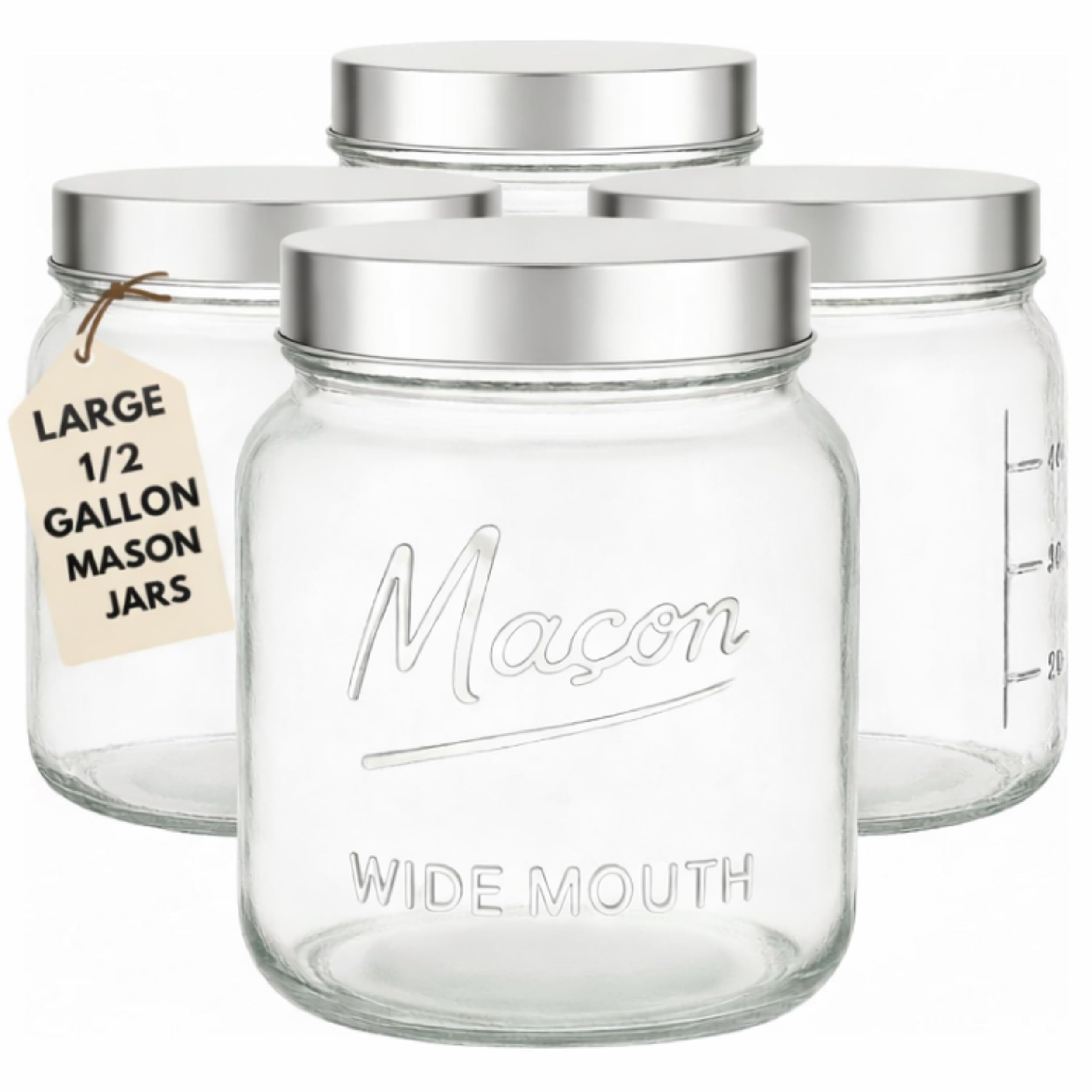 Photo 1 of Kitchentoolz Half Gallon Glass Mason Jars with Extra Wide Mouth & Metal Lids - Airtight Food Storage & Canning Jars with Measurement Markings - 1/2 Gallon Mason Jar (4pk)