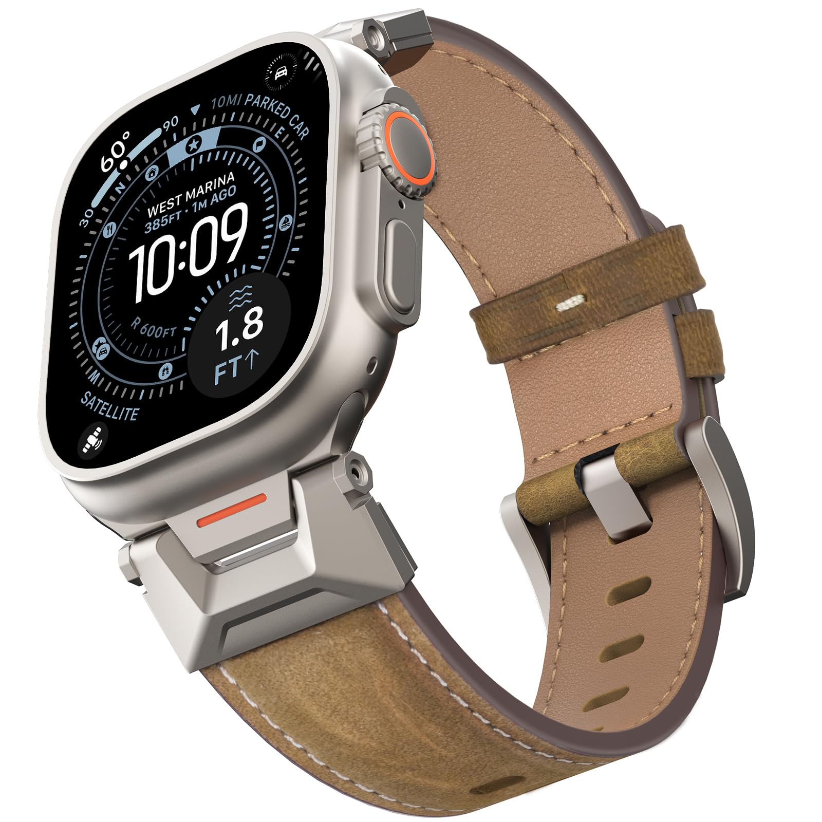 Bouixel Genuine Leather Strap Compatible for Apple Watch Ultra 3 Straps 49mm 46mm 45mm 44mm 42mm,Men Rugged Band with Metal Connector for iWatch Ultra Series 11 10 9 8 7 6 5 4 3 2 1 SE
