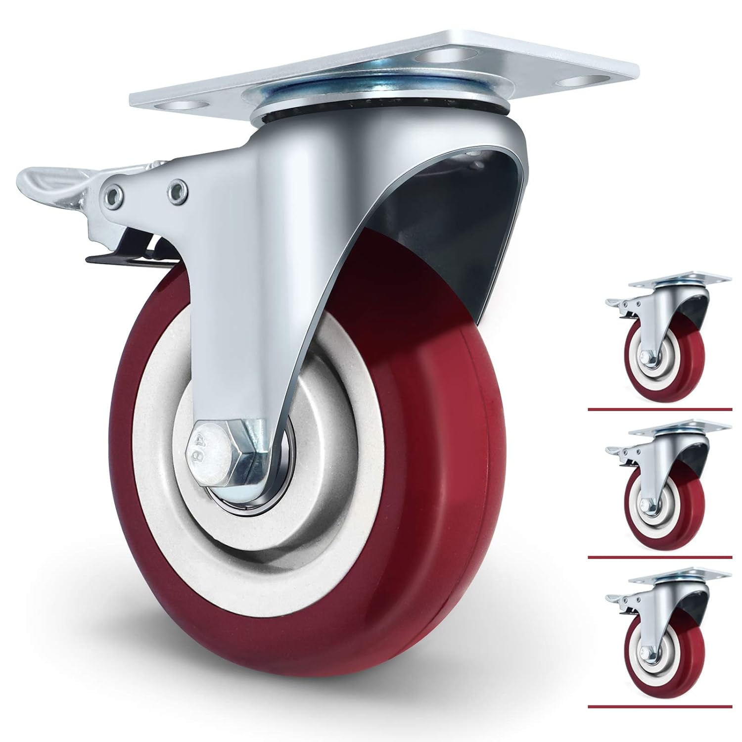 4 inch Plate Caster Wheels with Dual Lockable Set of 4, Load 2000 Pounds Heavy Duty Swivel Double Bearing Caster, Made in Premium Polyurethane, No Noise Fit Multiple Terrain (Free Screws and Spanner): Industrial & Scientific