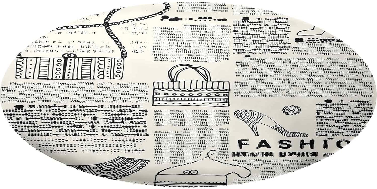 Old Newspaper Decor Round Fitted Tablecloth, Fashion Themed Icons Shoes Handbag Purses with Ornate Details Retro Elastic Edge Waterproof Polyester Fitted Table Cloth, Fits 24