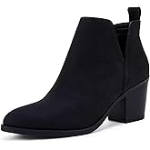 Coutgo Womens Cut Out Ankle Boots Chunky Stacked Heel Almond Toe Slip on Western Booties