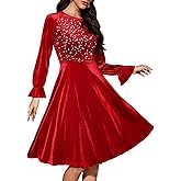 Bbonlinedress Velvet Sequin Cocktail Long Sleeve Dress for Women Velvet Vintage Wedding Guest Midi Dress