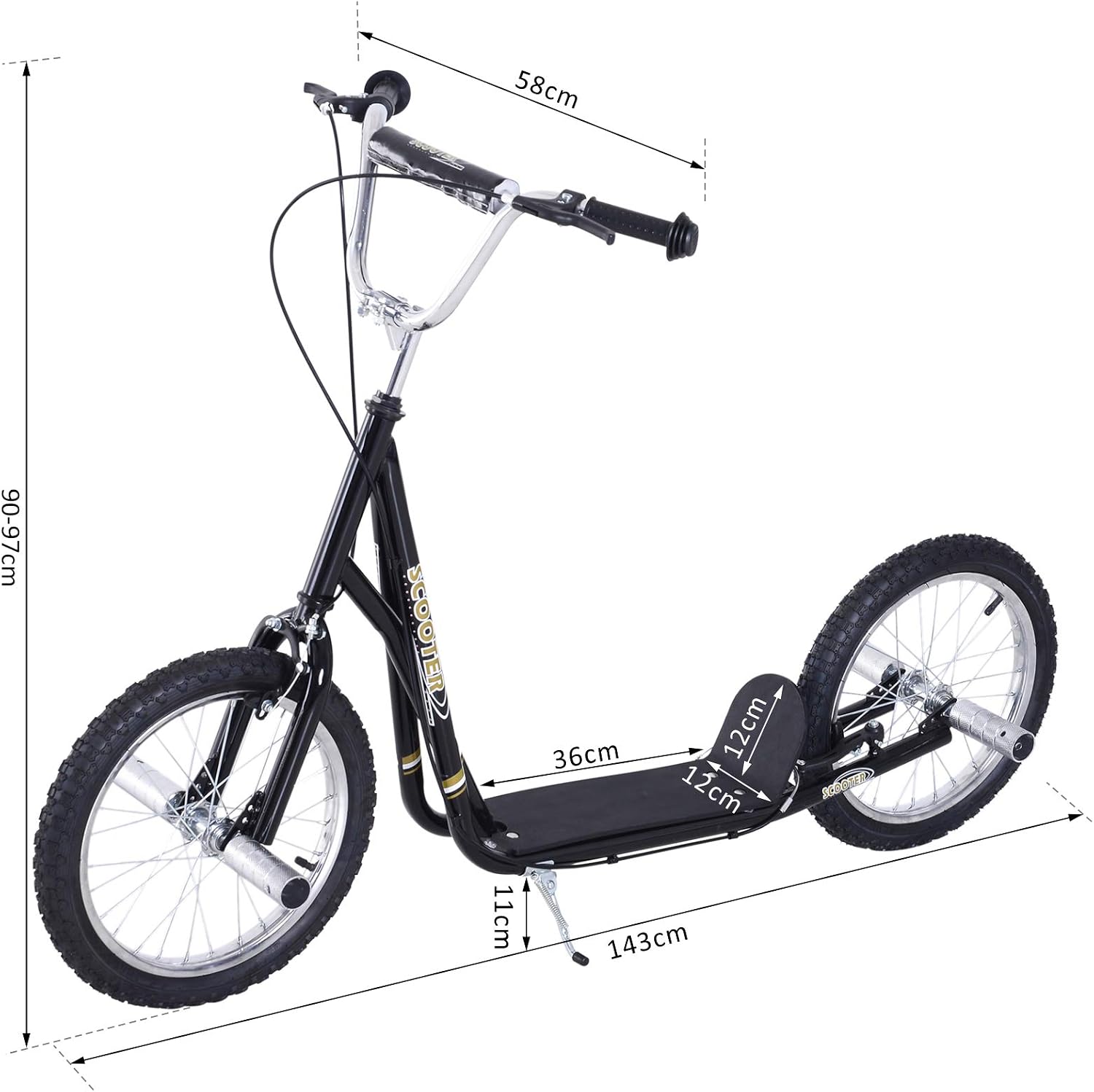 HOMCOM Stunt Scooter, Kids Scooter with 16" Big Wheels, Adjustable Height, Dual Brakes, for Ages 5+ Years, Black - Image 3