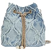 Extolove Denim Bucket Bag Quilted Drawstring Jean Purses for Women Denim Clutch Hobo Bags Crossbody Handbag
