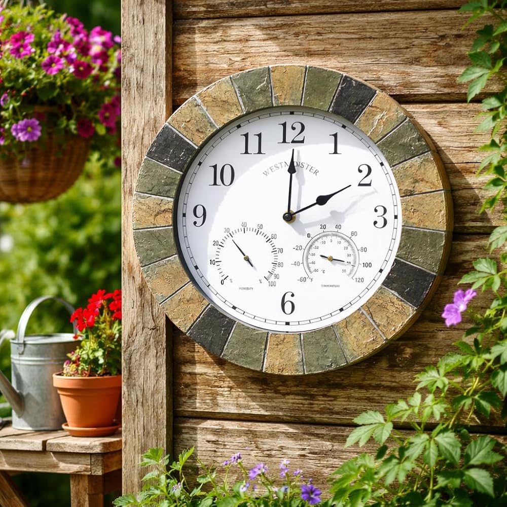HomeZone Westminster 14" Garden Clock & Thermometer, Waterproof Slate