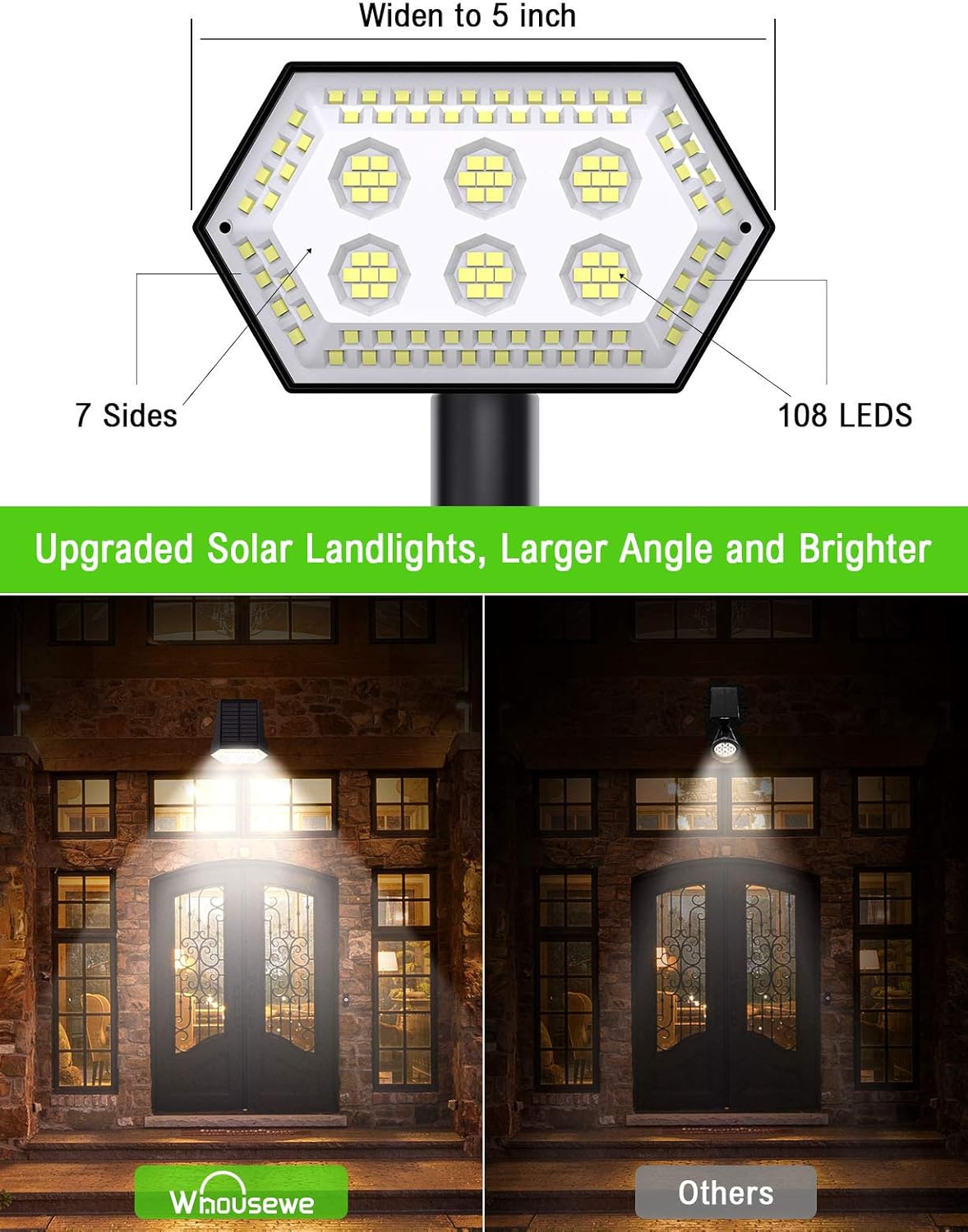 Solar Landscape Spotlights, Whousewe 108 LEDs Solar Spot Lights Outdoor with 4 Bright Modes, Wall & Ground Mounted, IP65 Waterproof, Cold White, 2 Pack - - 