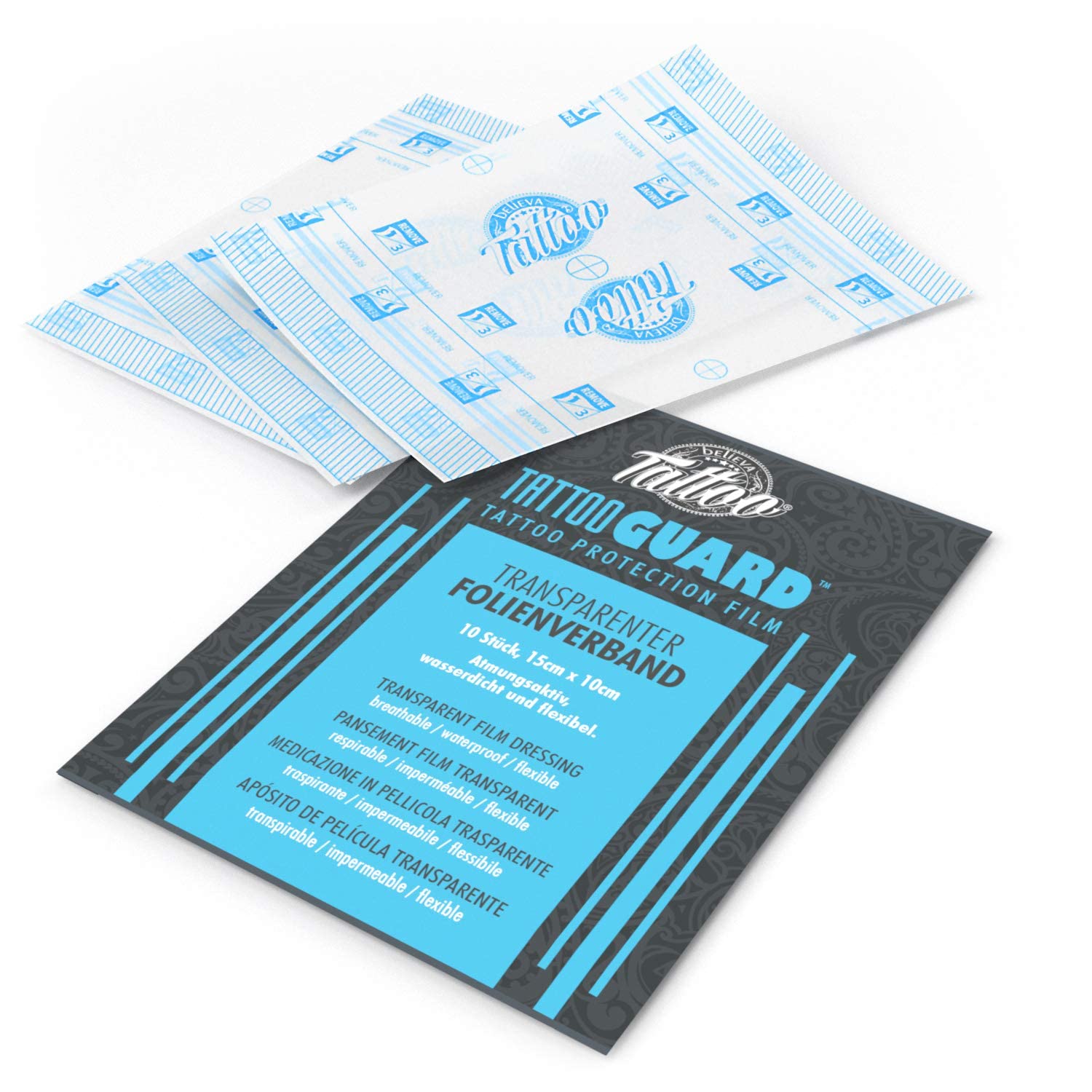 Believa Tattoo Protection Film - Transparent and breathable tattoo film for freshly tattooed skin - 10 x 10cm x 15cm (Patch)