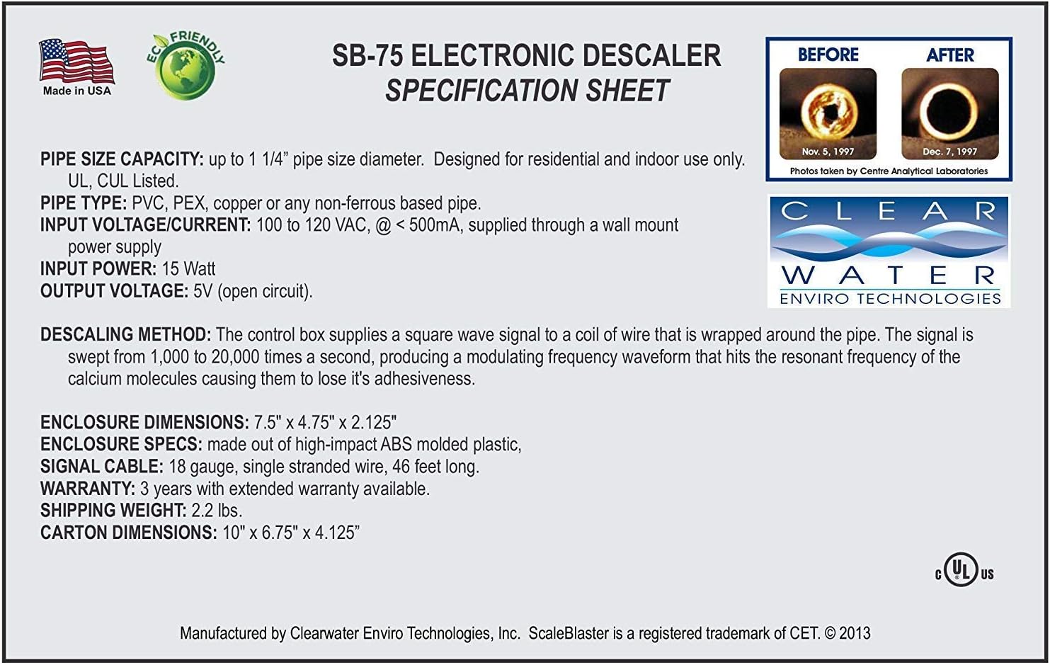ScaleBlaster SB-75 Scale Blaster Black with Warranty, Sustainable Hard Water Softener Conditioner Descaler, Limescale Remover, Salt and Chemical Free, Made in the USA - - 