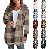 Bakgeerle Womens Oversized Sherpa Jacket Plaid Fuzzy Fleece Jacket Faux Fur Coat Cardigan with Hooded Fall Outfits