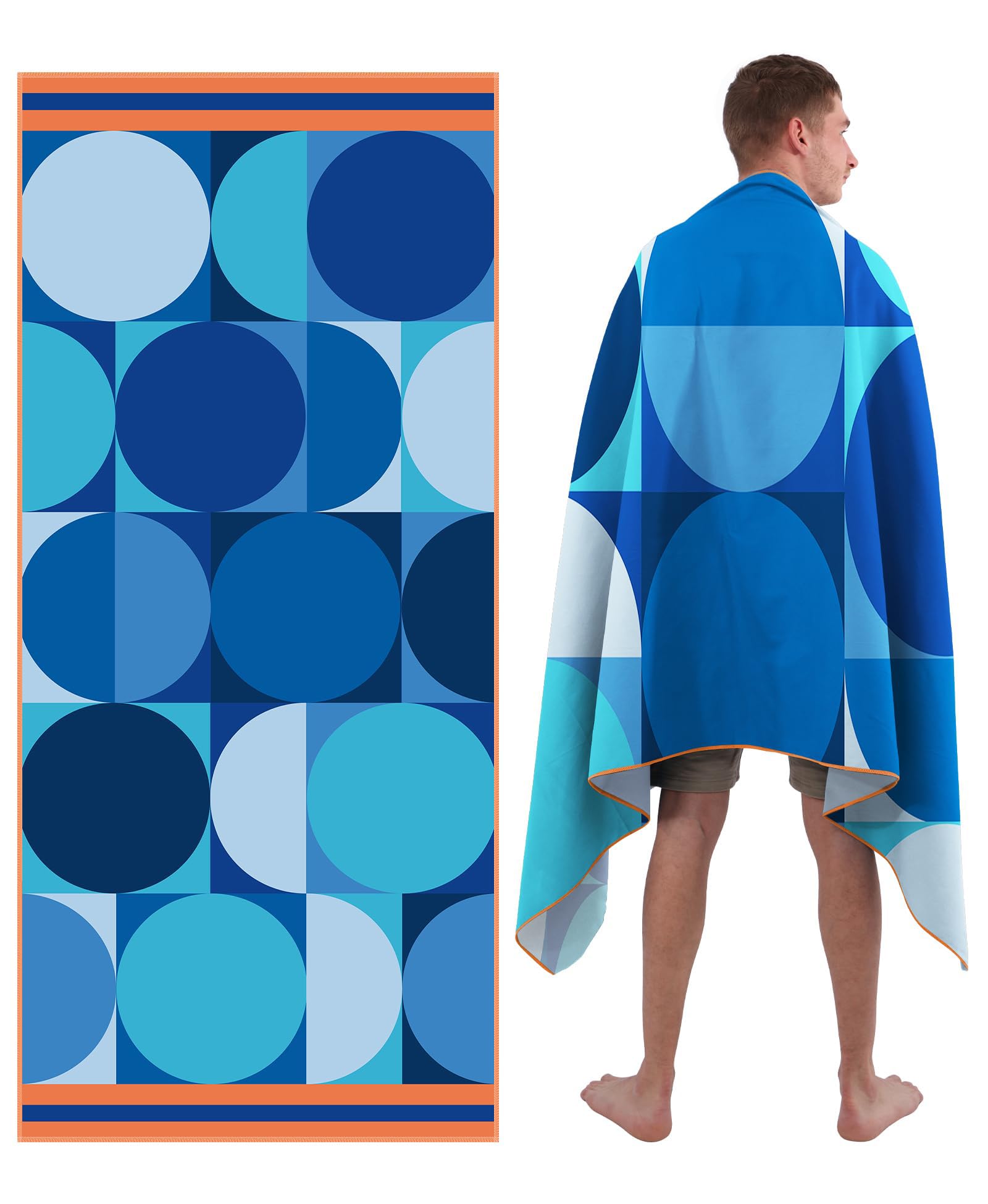 Style Slice Microfibre Beach Towel Extra Large - Sand Free Quick Dry Lightweight Beach Towels for Adults, Includes Mesh Bag - Geometric Circles Blue, 200x90cm