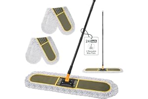 Ylebs 24" Commercial Dust Mops for Floor Cleaning with 2 Replacement Mop Pads, Heavy Duty Large Dust Mop for Hardwood Floors, Industrial Wet Dry Floor Duster for Office Garage Warehouse Factory Mall