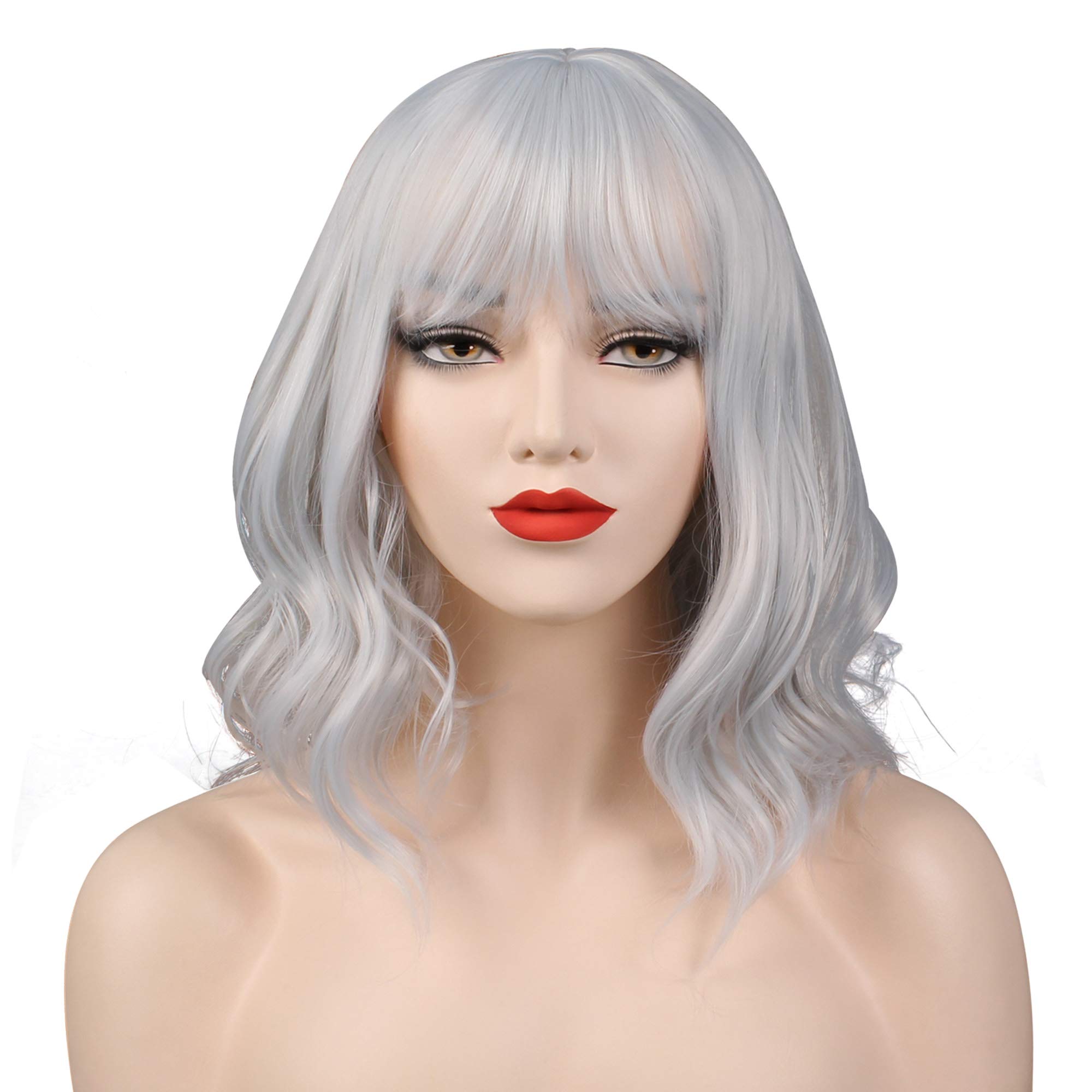OKVGO Short Curly Bob Wig with Wig Cap for Women Cosplay Party and Daily Use Silver White