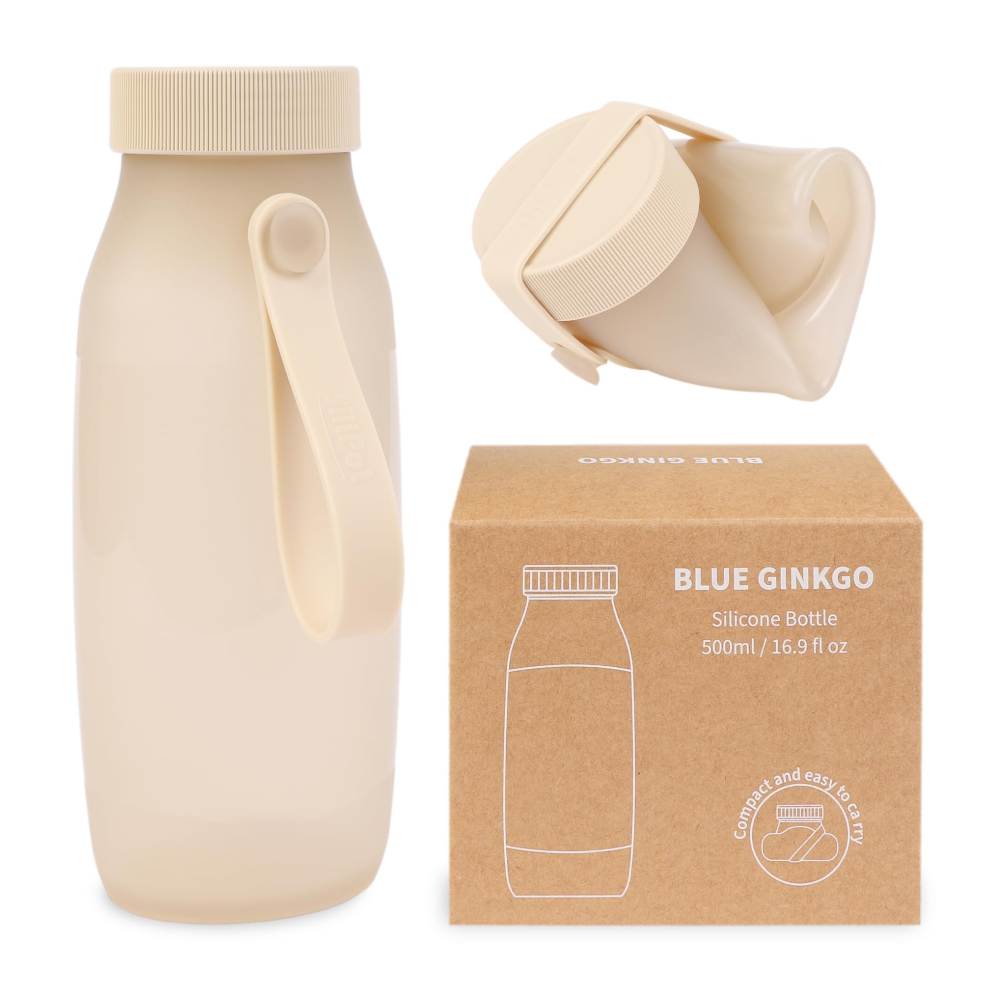 BLUE GINKGO Collapsible Water Bottle – Lightweight, Foldable Silicone Bottle for Travel, Hiking, and Camping (500ml, Made in Korea, Beige)
