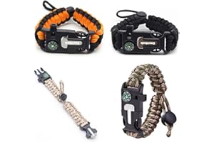Smithok Paracord Survival Bracelet-Length Adjustable,Loud Whistle Emergency Compass Survival Fire Starter Scraper Accessories for Hiking and Camping and Hunting 4-Pack(Muti-Color)