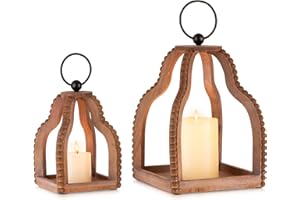 Staymoment Rustic Farmhouse Lanterns Decorative Indoor Set of 2 - Vintage Wood Beaded Lantern Hanging Candle Holder for Table Centerpiece Fireplace Shelf, 10" & 7" Home Fall Decor, Brown
