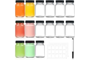 DIMBRAH 15pcs juice shot bottles with caps- 2 oz glass jars with lids for Ginger Shots, Juice, Essential Oil-Travel mini bottles with lids-(with Black Plastic Lid & 30 Blank Labels)