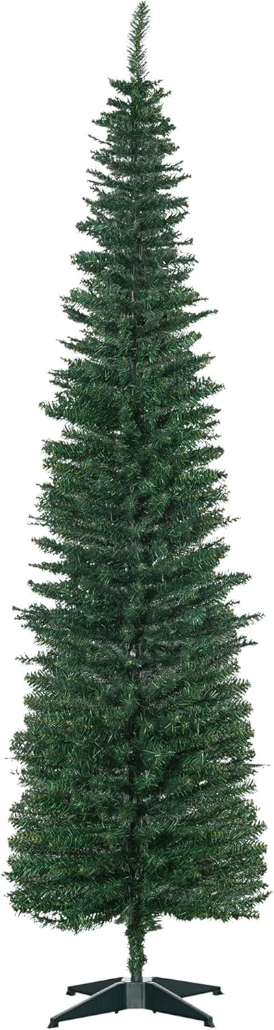 Trees - HOMCOM 7' Artificial Pencil Christmas Tree, Slim Xmas Tree with 499 Realistic Branch Tips and Plastic Stand, Green