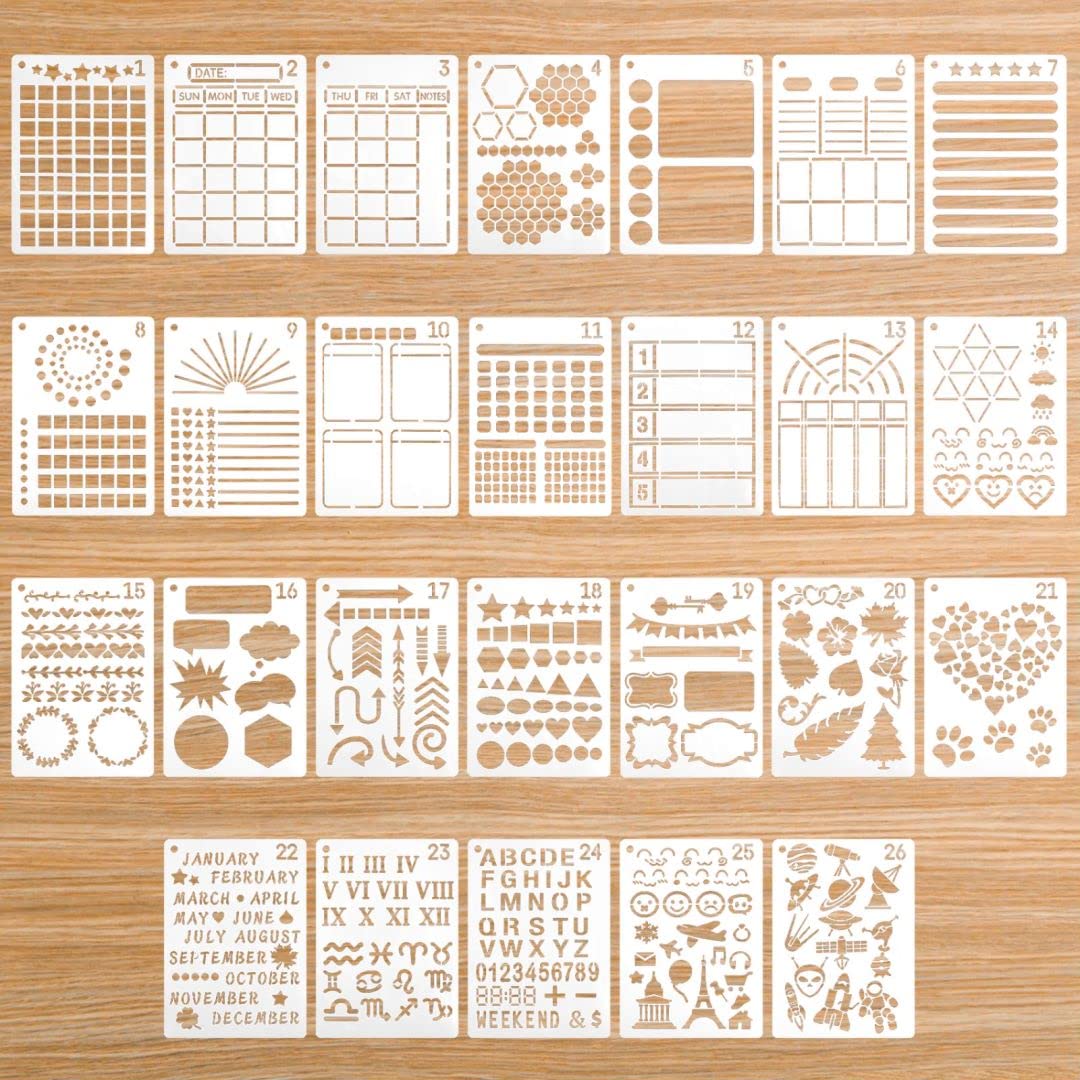 Ruicaifu 26pcs Journal Stencils for Crafts, Reusable DIY Stencil Templates Craft Templates for Drawing Plastic Bullet Stencils for Diary Journal Scrapbook DIY Craft Drawing (26 Types)