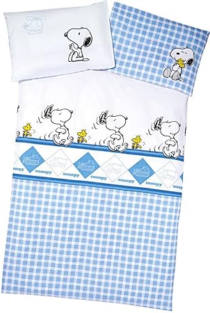 Baby Kinder Renforcé Bettwäsche 'Snoopy', 100% Baumwolle (100x135cm; 40x60cm, weiß blau kariert, Fahrzeuge)