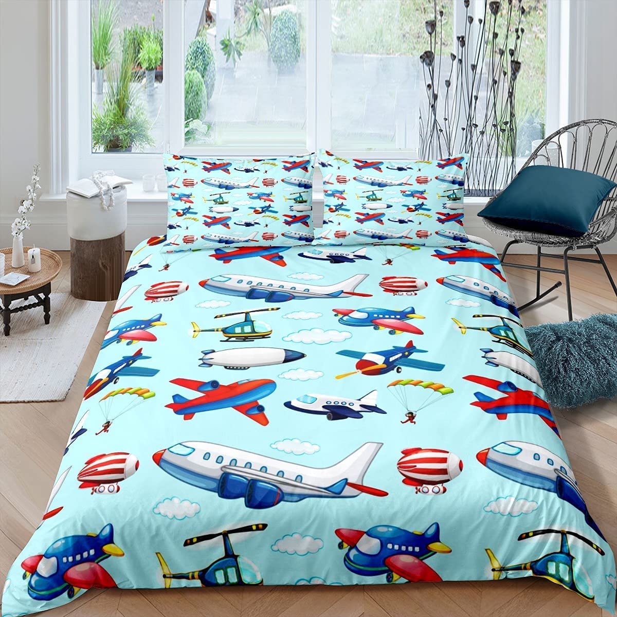 Kids Aircraft Duvet Cover Boys Cartoon Airplane Print Comforter Cover Helicopter Flying Plane Bedding Set Travel Decor Bedspread Cover Cute Colorful Planes Room Decor Single Bedclothes Zipper