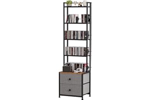 Epouseter CD Storage Rack with Drawer, 5-Tier DVD Organizer Shelf w/Adjustable Book Stoppers, Media Storage Rack for CD/DVD, 