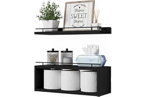 WOPITUES Floating Shelf with Extra Cube Shelf, Shelves for Wall Decor with Gold Metal Rail, Wall Shelves for Bedroom, Bathroom, Kitchen, Living Room, Plants, Pictures, Toilet Paper- Modern Black