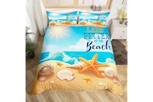Manfei Kids Tropical Beach Duvet Cover Set Full Size, Sealife Starfish Conch Bedding Set 3pcs for Boys Girls, Summer Seaside 