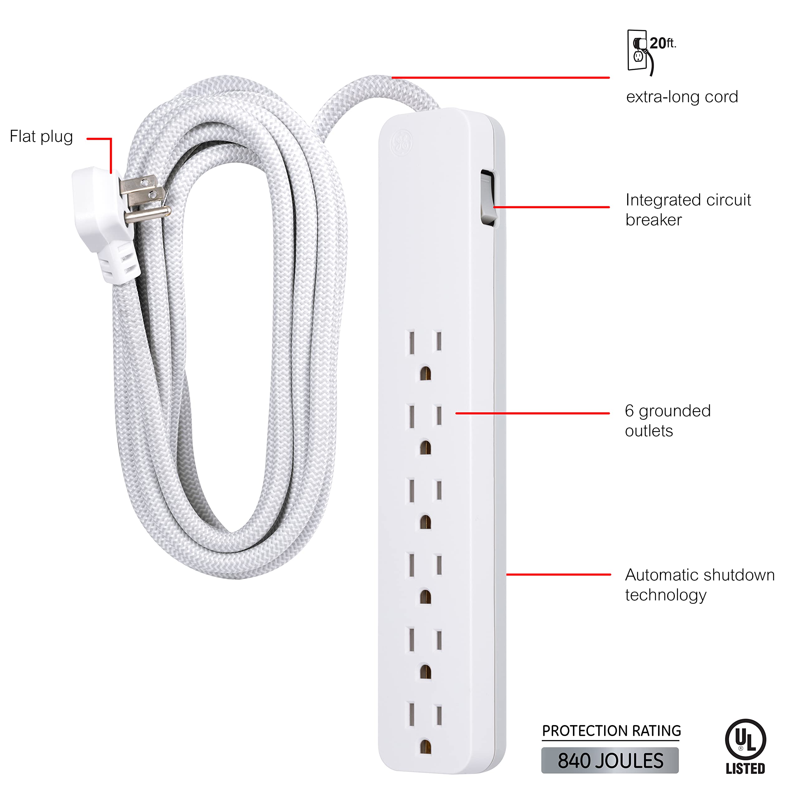 GE 6-Outlet Surge Protector, 20 Ft Braided Extension Cord, Power Strip, 840 Joules, Flat Plug, UL Listed, Black, 62941