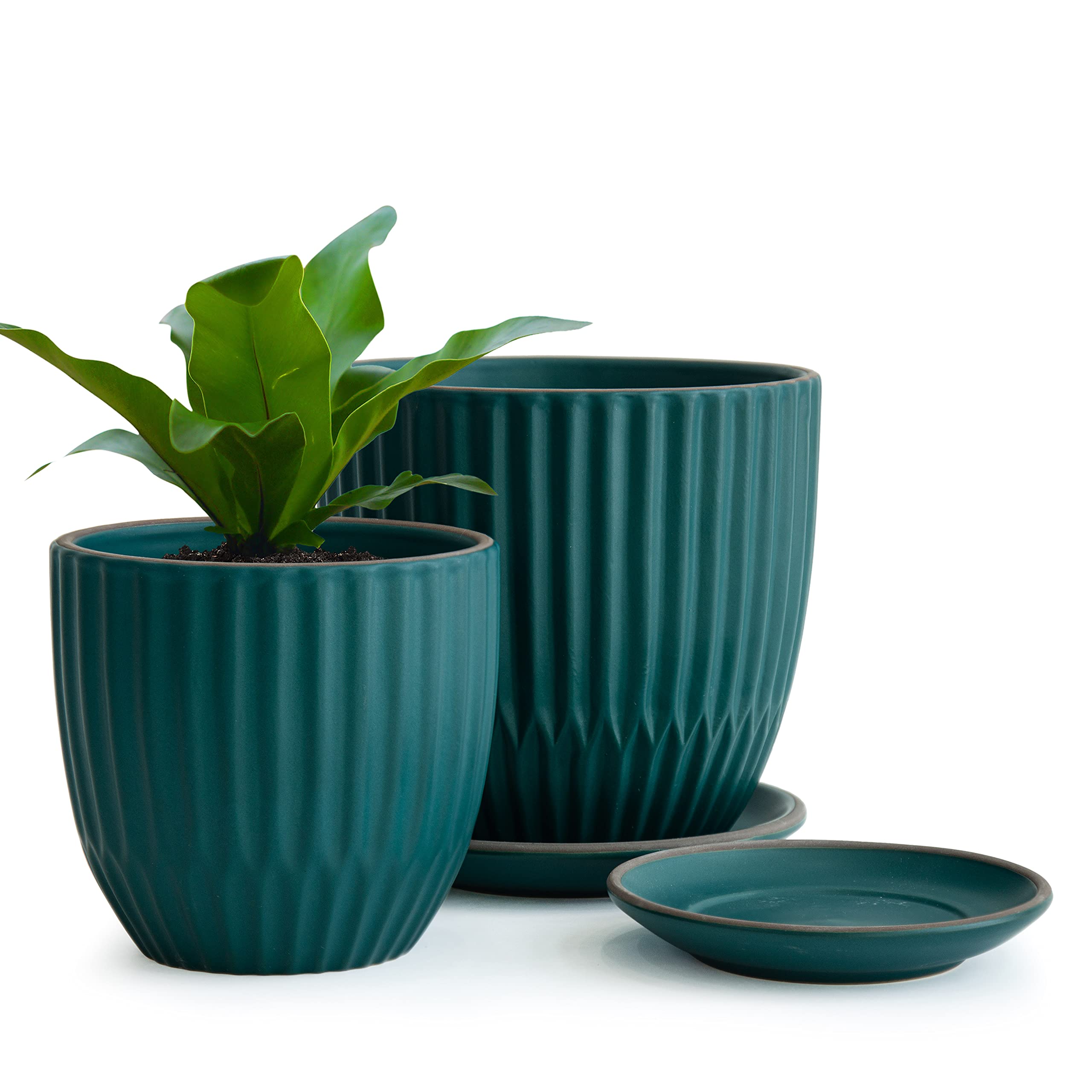 Set of 2 Stoneware Planter Pots, Ceramic Pot with Drainage Hole and Saucers, 4.5 Inch 5.8 Inch, Dark Blue Green, 99-92-TB