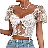 Women's Butterfly Embroidery Corset Crop Tops Mesh Puff Sleeve Bustier Top Side Lace Up T-Shirts