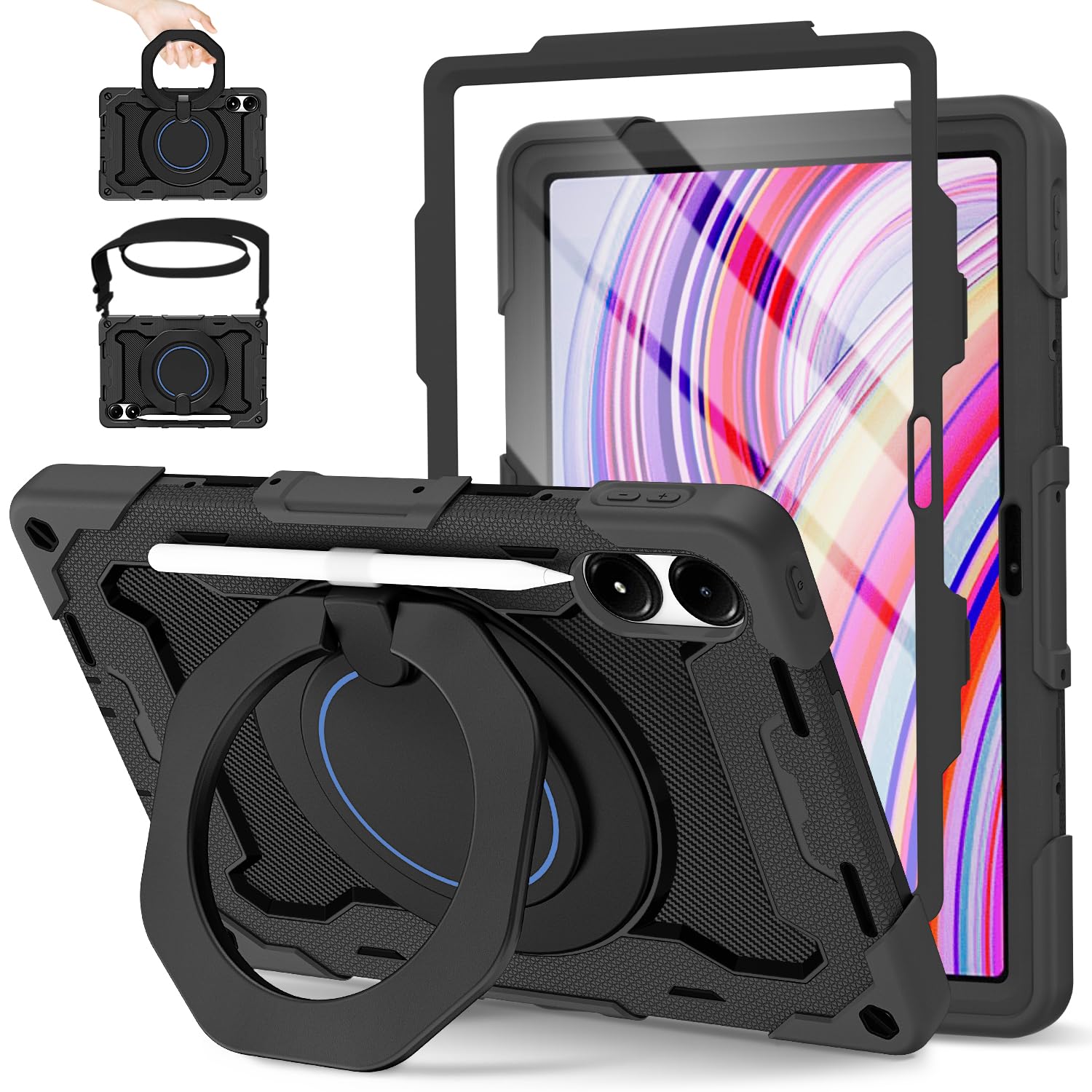 ROISKIN für Redmi Pad 2 Pro 2025/Redmi Pad Pro 2024/Poco Pad M1 12.1 Zoll mit Displayschutz,Drehbarer Ständer,Schultergurt,Stifthalter, Heavy Duty Stoßfeste Kinder Hülle für Redmi Pad 2 Pro,Schwarz