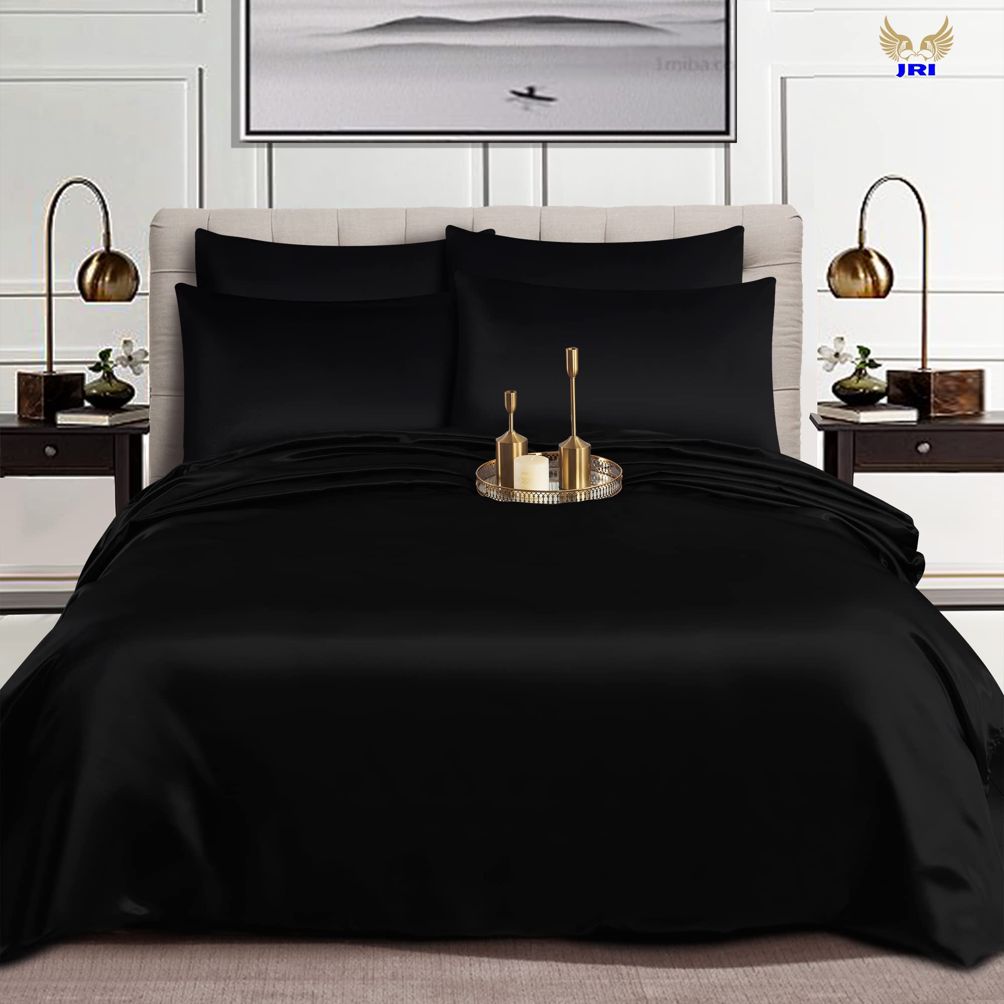 6PCS Satin Duvet Cover Bedding Set Plain Luxury Soft Bed Set Include (1xDuvet Cover, 1xFitted Sheet, 4xHousewife Pillow Case) (King, Black)-(Same Day Dispatch) — image 1