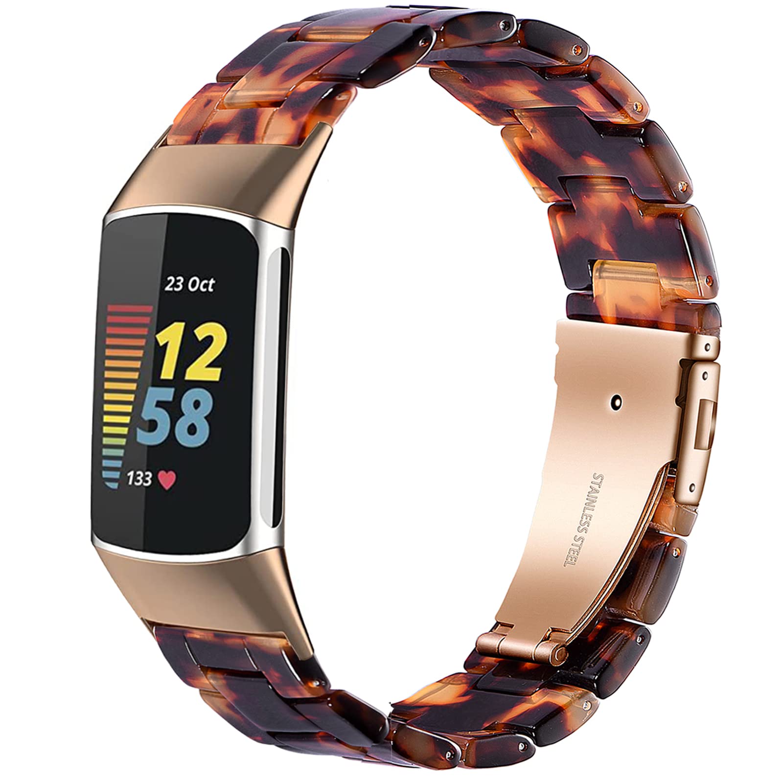 Wongeto Resin Straps Compatible with Fitbit Charge 5 Strap, Replacement Wristband Accessory Rose Gold Buckle Women Men for Charge 5 accssorises (Tortoise)