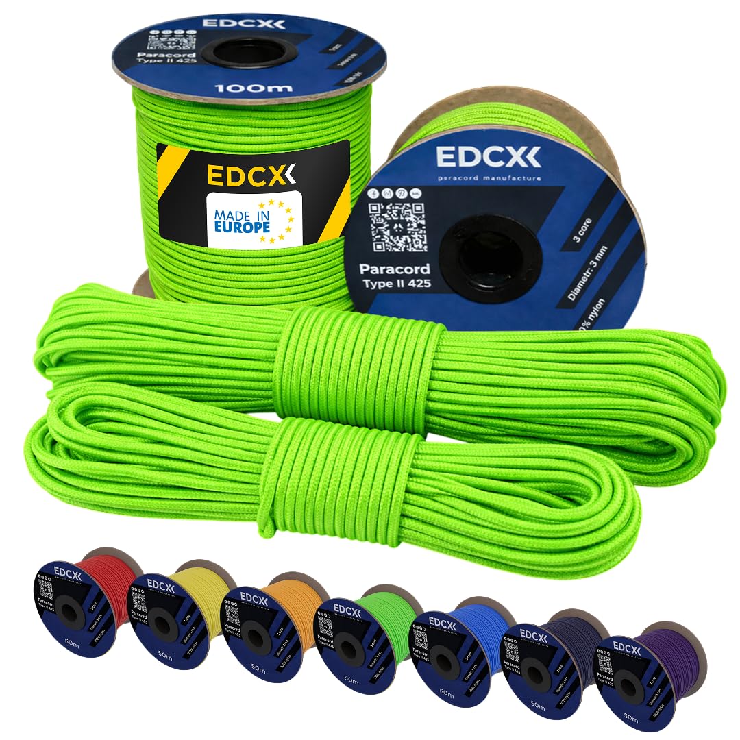 EdcX 3 mm Nylon Paracord 425 (15, 30, 50 and 100m) – 3 mm Type II, 100% Nylon Rope, 3 Strand Rope, 3 mm Nylon Rope in Many Colors (Neon Green, 15 m)