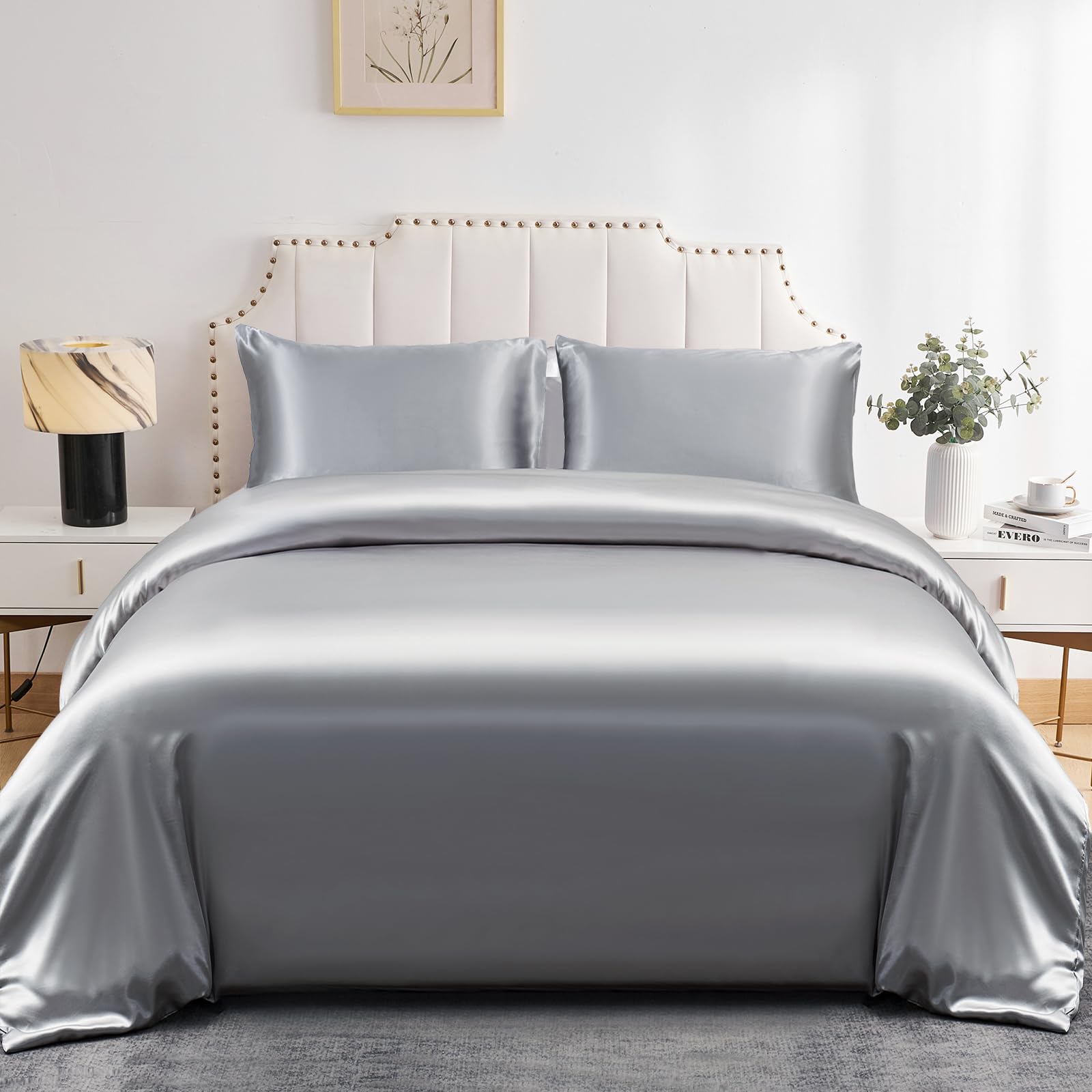 DuShow Satin Duvet Cover Set Light Gray Double,Soft Silky Duvet Cover And 2 Pillowcase Set,Lightweight Cooling Comforter Cover Set(Light Gray,Double)