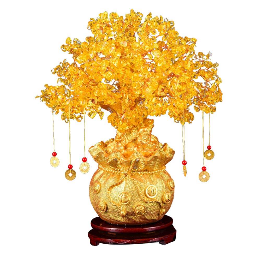 Milisten 1Pc Citrine Money Tree Natural Crystal Tree Decoration Feng Shui Lucky Bonsai Style Rich with Coins and Base Tabletop Decor 19cm