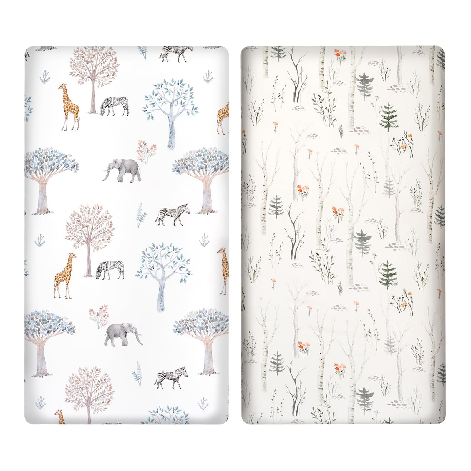 2 PCS Cot Sheets, 100% Microfibre Breathable Cot Fitted Sheets 82 x 41cm, Ultra Soft Baby Crib Sheets Cover for All Bassinet Mattress Shapes, Forest & Animals — image 1