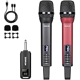 ZERFUN Dual Rechargeable Wireless Microphones, Pro Handheld Cordless Mics System with Echo Treble BASS VOL Control for Karaoke Singing Church Party, 1/4'' Output, Grey&Red